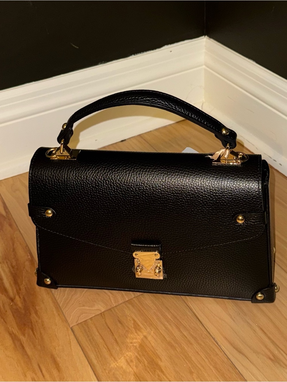 NWT Made in Italy Genuine Leather Black Satchel Crossbody Gold Hardware